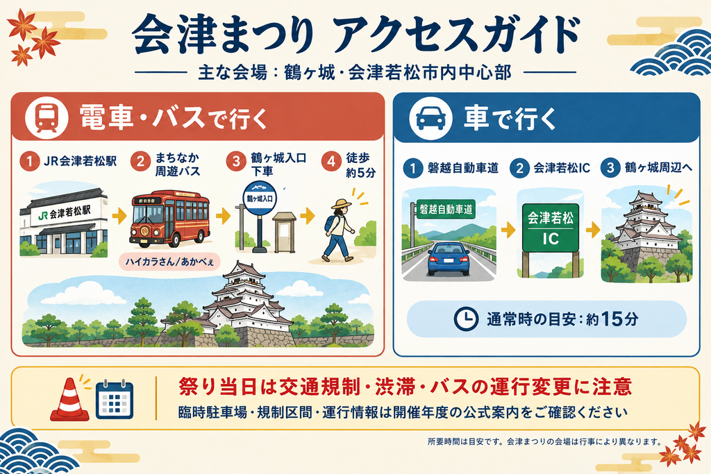 会津まつりのアクセスガイド。会津若松駅から鶴ヶ城へのバスでの行き方と、会津若松ICから車で向かうルートを紹介。